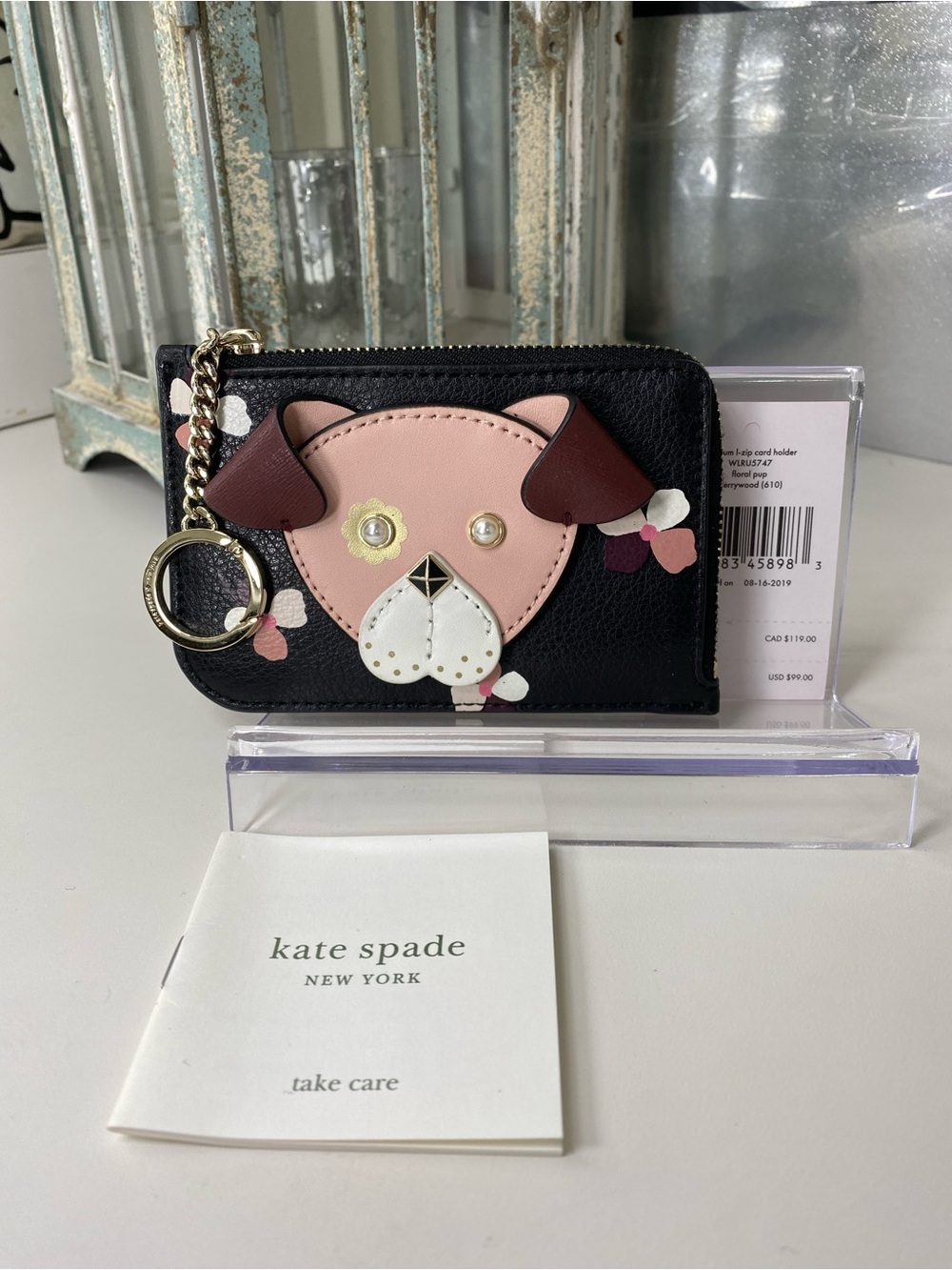 kate spade cardholder keyring floral Pup dog face appliqué wallet NWT